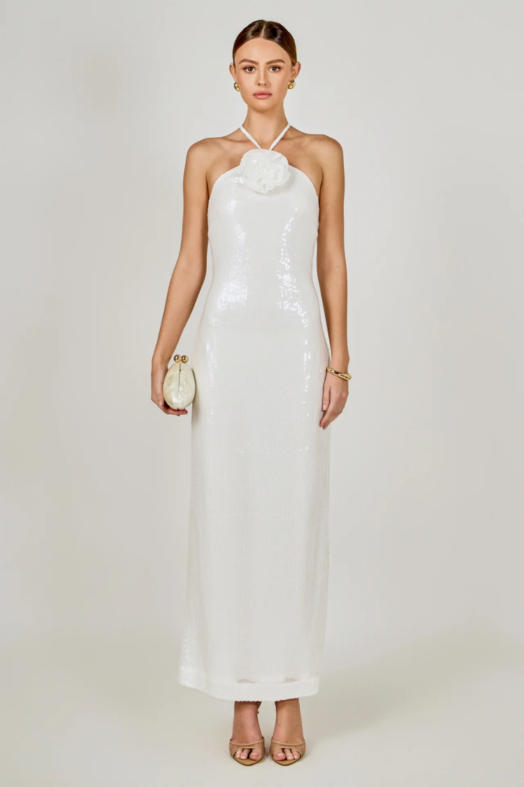 Rose White Sequin Haltered Maxi Dress