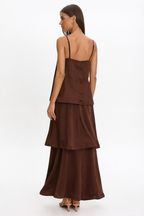 Pre-Order - Rue Satin Tiered Maxi Dress - Espresso - 10/31