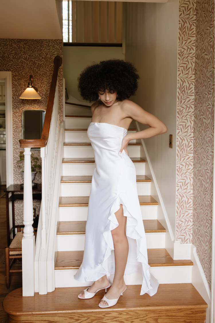 Say I Do Strapless White Ruffle Midi Dress