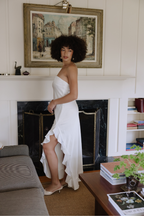 Say I Do Strapless White Ruffle Midi Dress