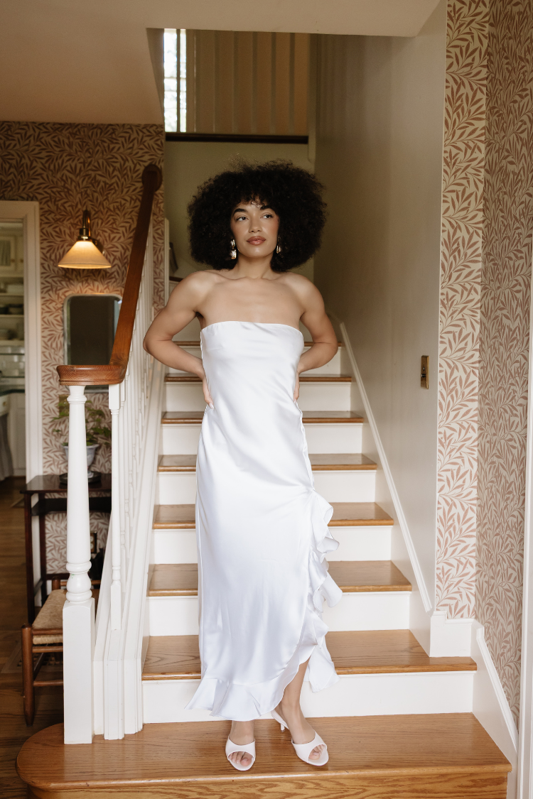 Say I Do Strapless White Ruffle Midi Dress