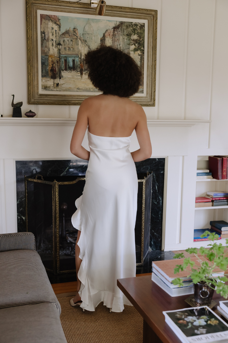 Say I Do Strapless White Ruffle Midi Dress
