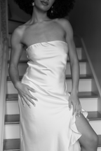 Say I Do Strapless White Ruffle Midi Dress
