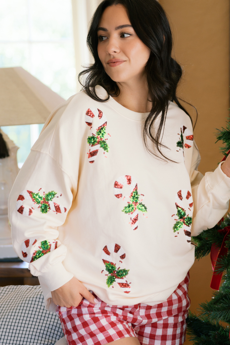 Candy Cane Wishes Sweater Sweater - Cream