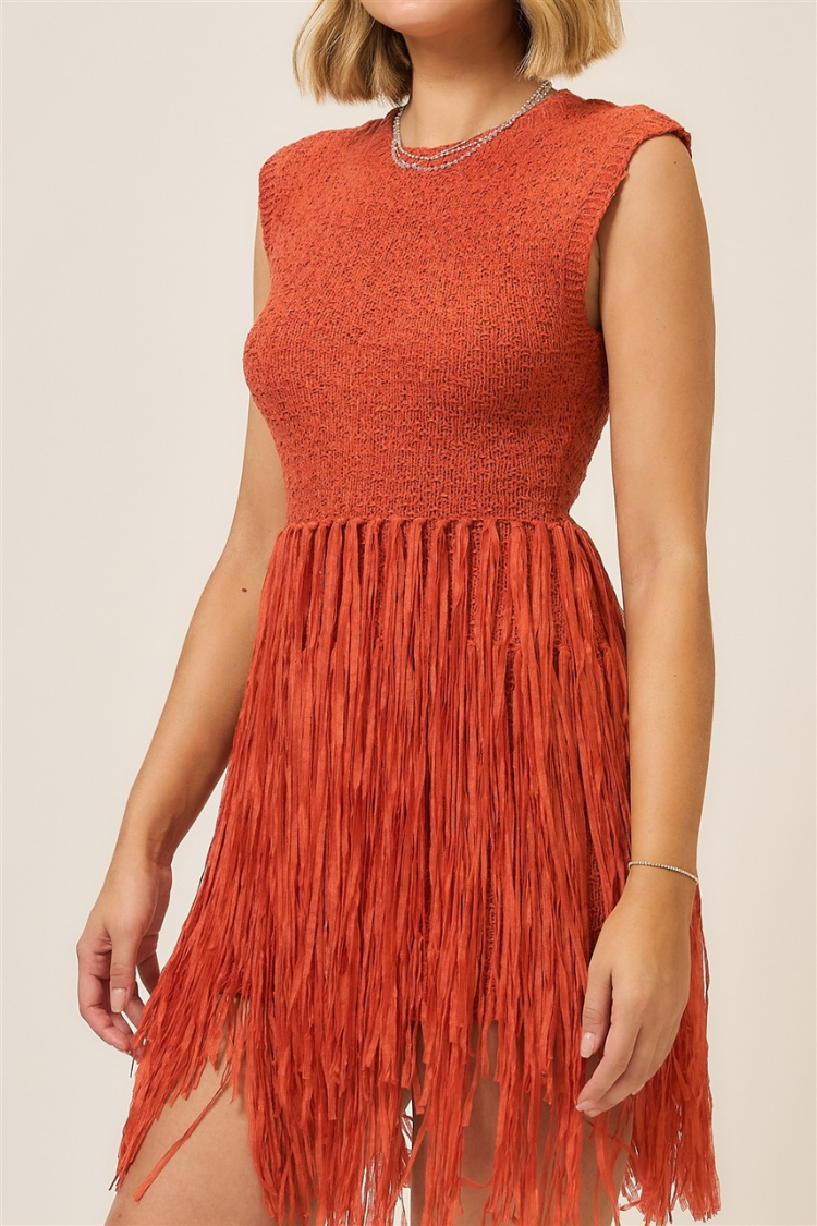 Siena Fringe Knit Mini Dress - Terracotta
