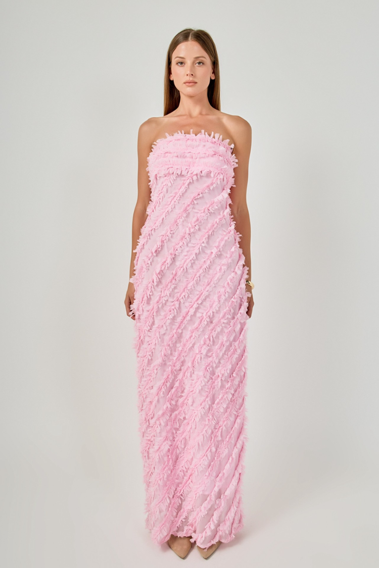 Champagne Soirée Strapless Ruffled Maxi Dress - Pink