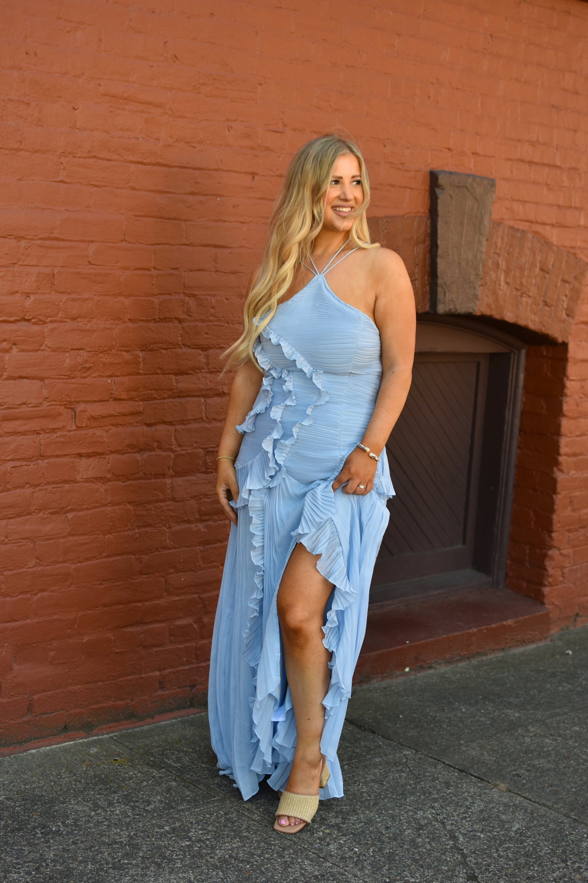 Capri Sky Blue Ruffle Maxi Dress