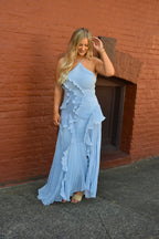 Capri Sky Blue Ruffle Maxi Dress