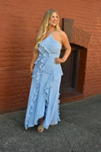 Capri Sky Blue Ruffle Maxi Dress