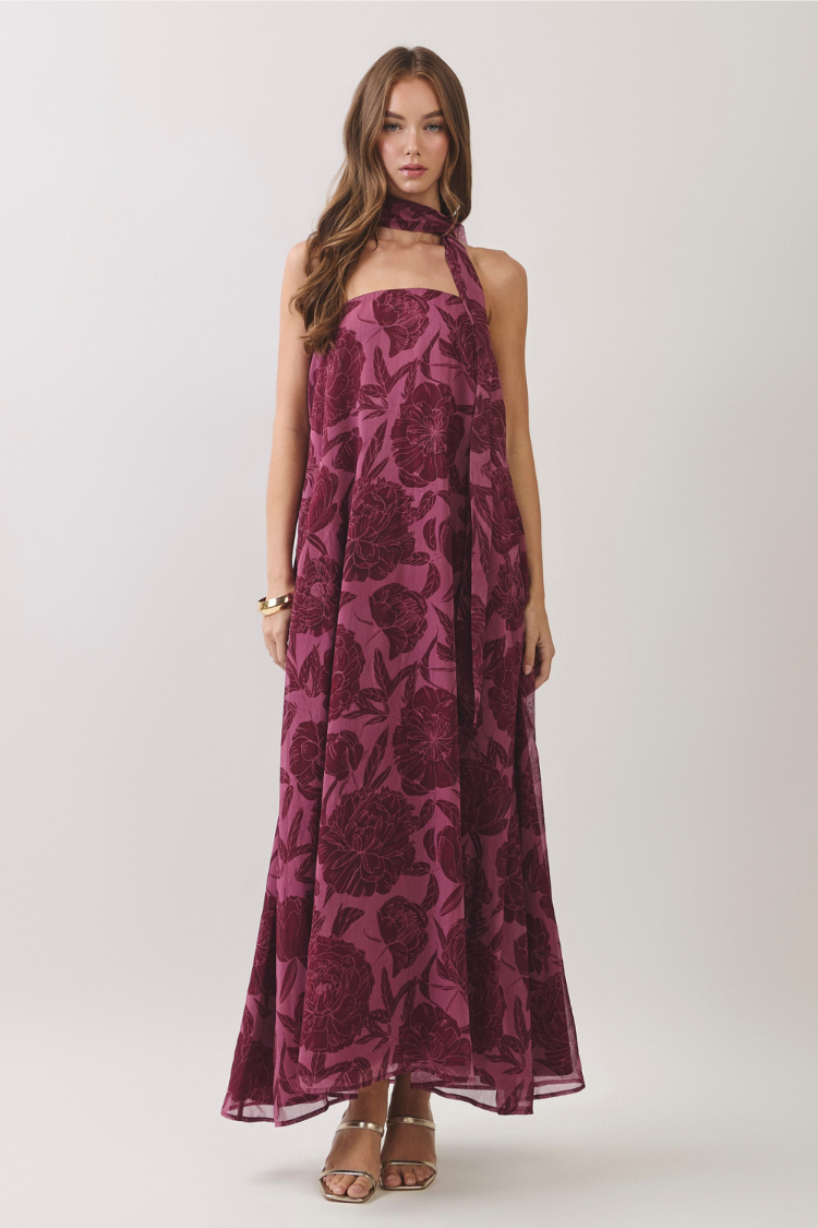 Peony Dreams Burgundy Floral Maxi Dress with Neck Scarf