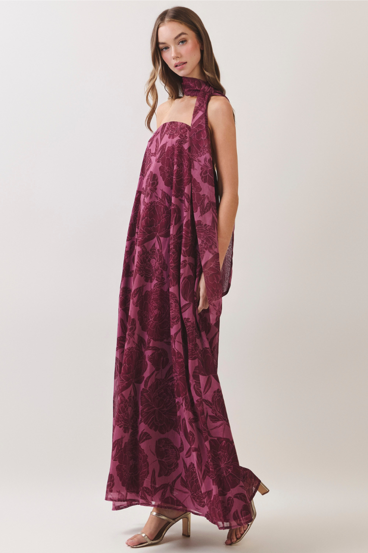 Peony Dreams Burgundy Floral Maxi Dress with Neck Scarf