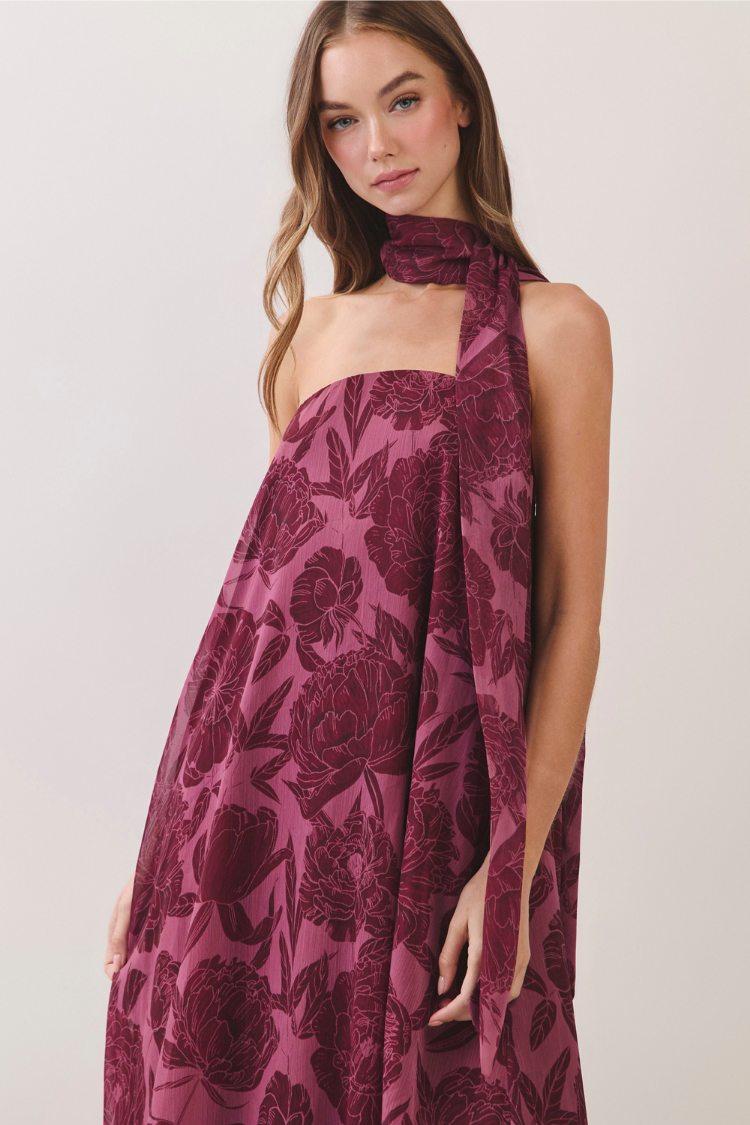 Peony Dreams Burgundy Floral Maxi Dress with Neck Scarf