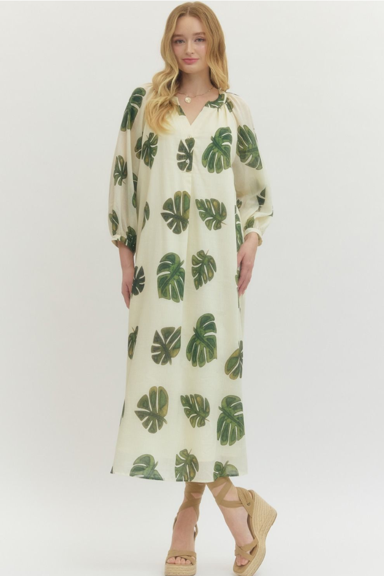 Tropical Escape Palm Print Midi Dress