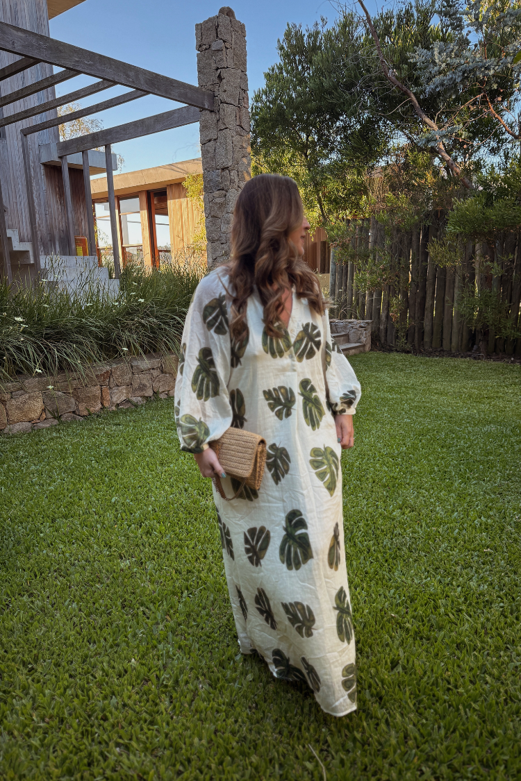 Tropical Escape Palm Print Midi Dress