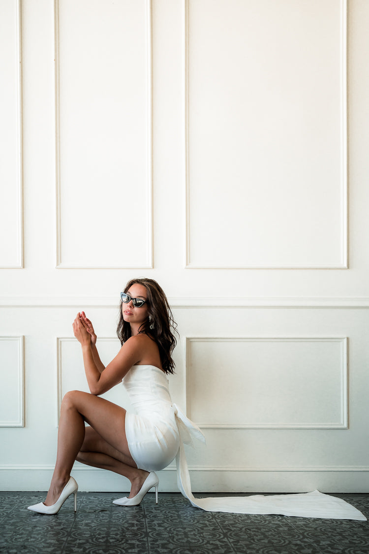 Blakely Bow Back Mini Dress with Train