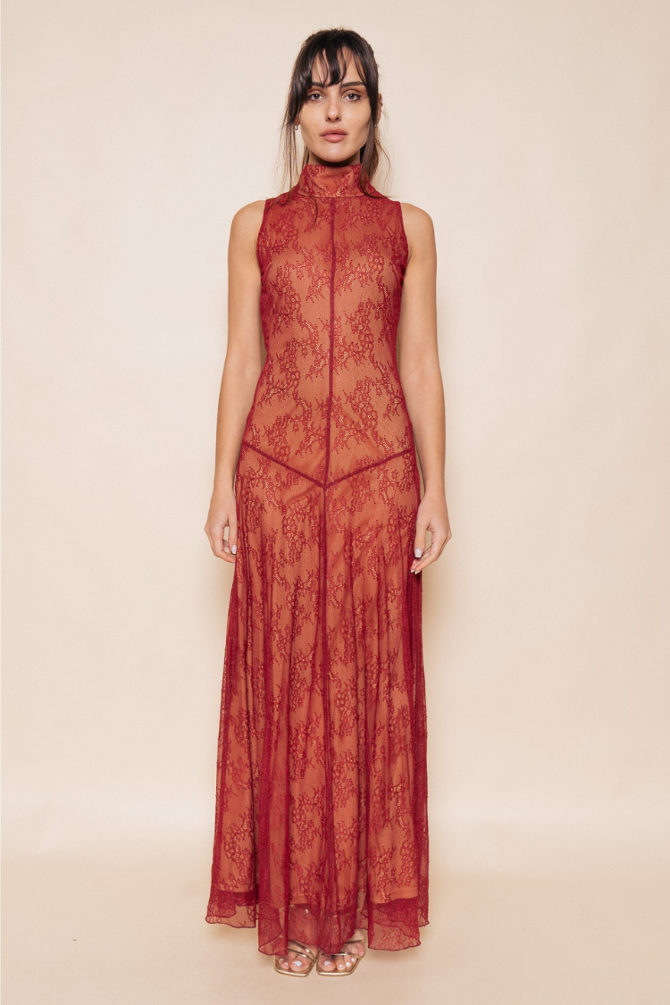 Valentina Lace Mock Neck Maxi Dress – Rust Red