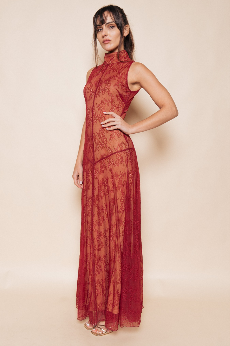 Valentina Lace Mock Neck Maxi Dress – Rust Red