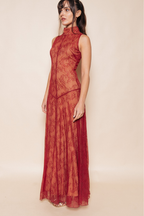 Valentina Lace Mock Neck Maxi Dress – Rust Red