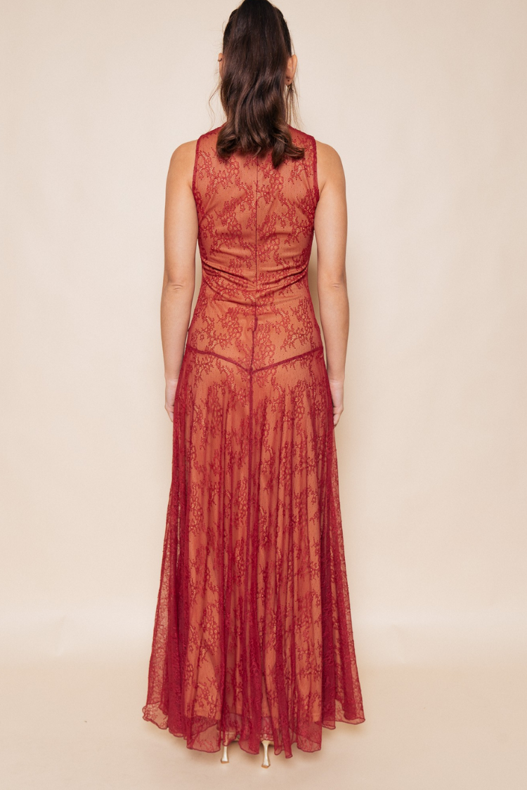 Valentina Lace Mock Neck Maxi Dress – Rust Red