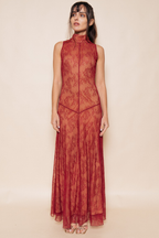 Valentina Lace Mock Neck Maxi Dress – Rust Red