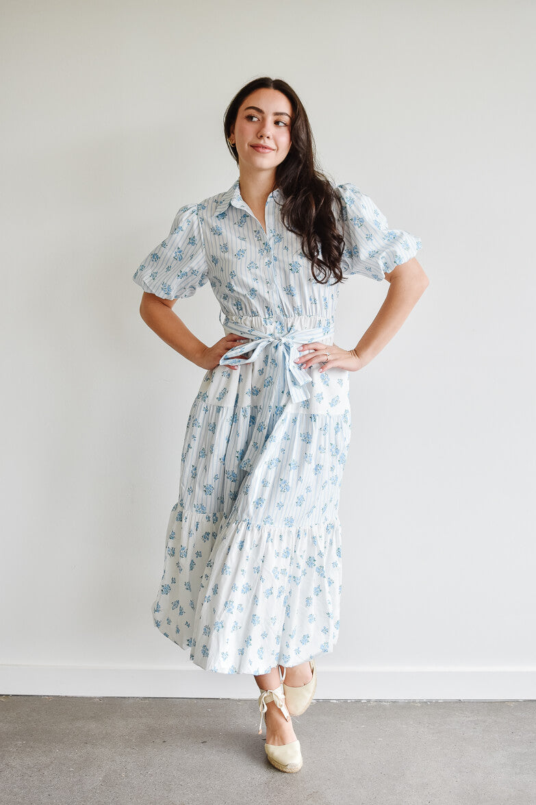 Bluebell Blue and White Floral Midi Dress - FINAL SALE