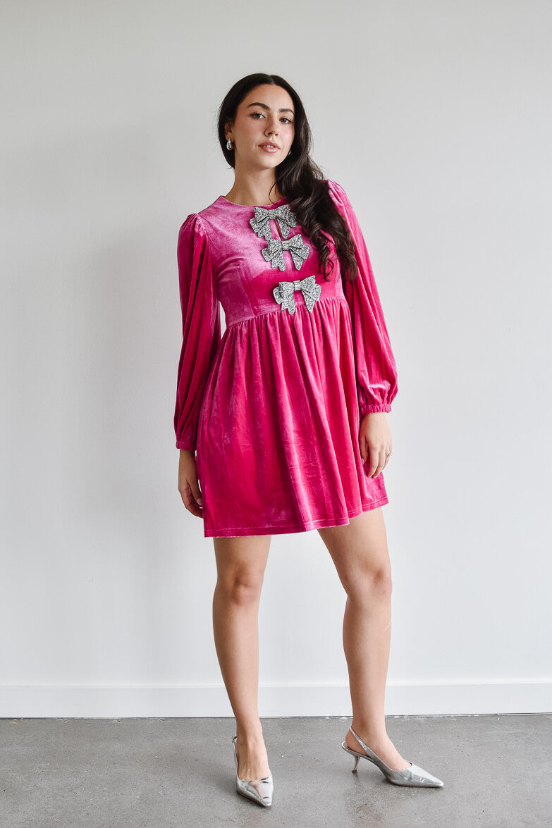 Brigette Bow Velvet Mini Dress - Pink