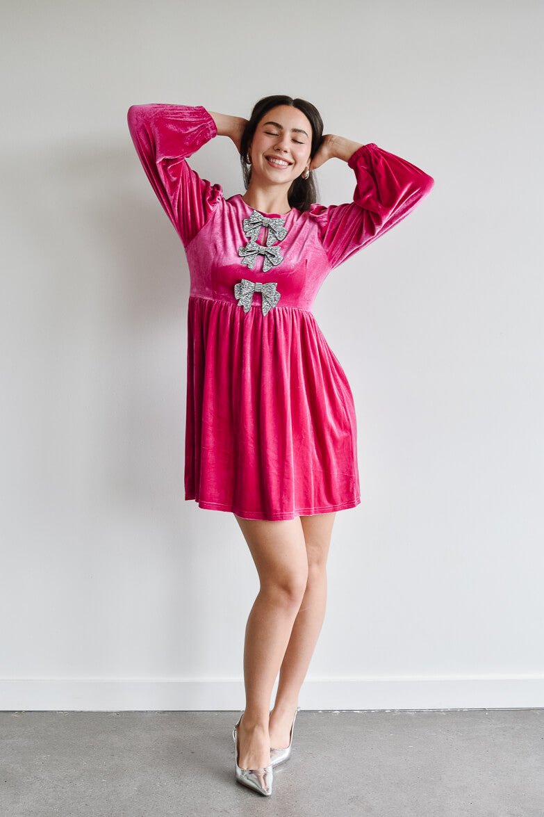 Brigette Bow Velvet Mini Dress - Pink