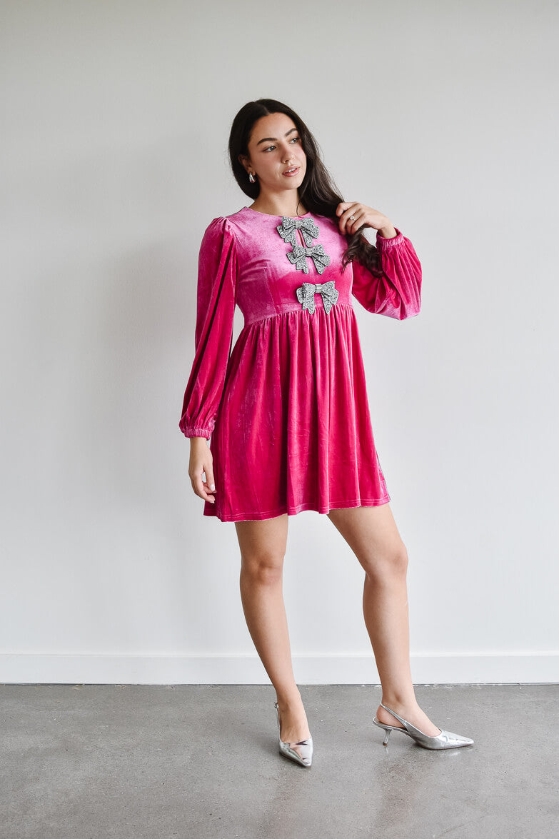 Brigette Bow Velvet Mini Dress - Pink