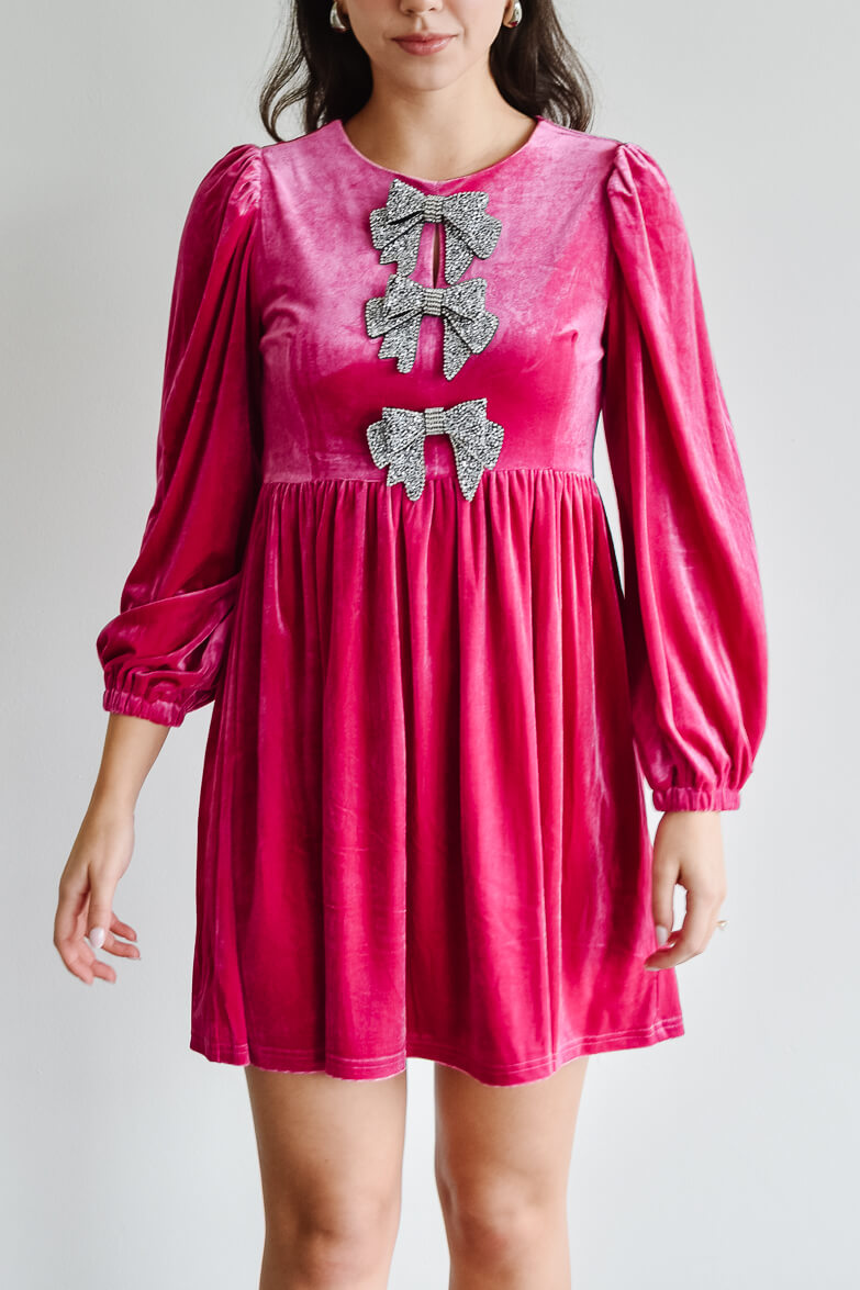 Brigette Bow Velvet Mini Dress - Pink