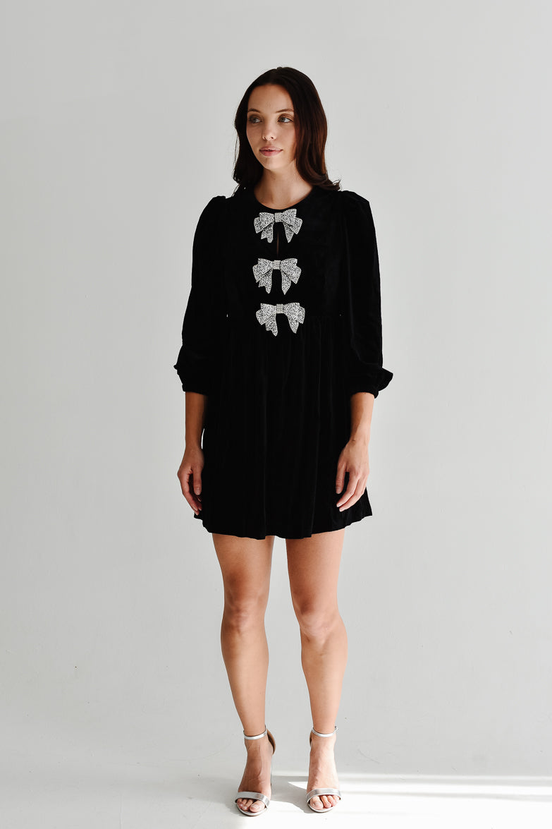 Brigette Bow Velvet Mini Dress - Black