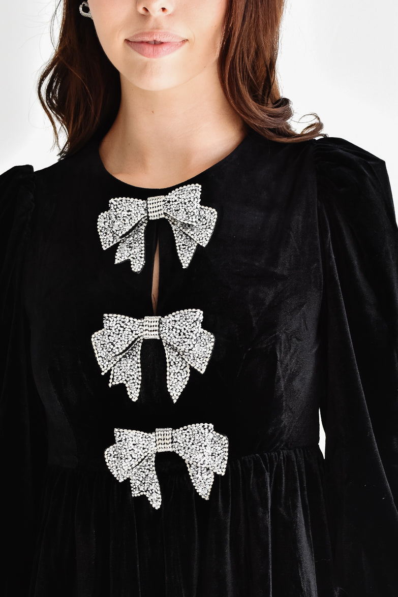 Brigette Bow Velvet Mini Dress - Black