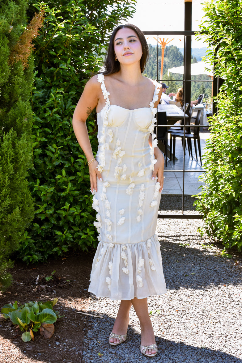 Pre-Order - Camille 3D Floral Bustier Midi Dress - Cream - 9/30