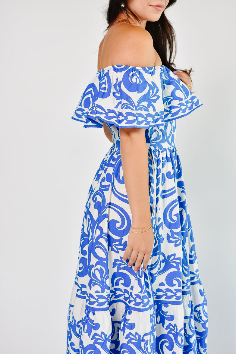 Catania Blue and White Tile Print Midi Dress