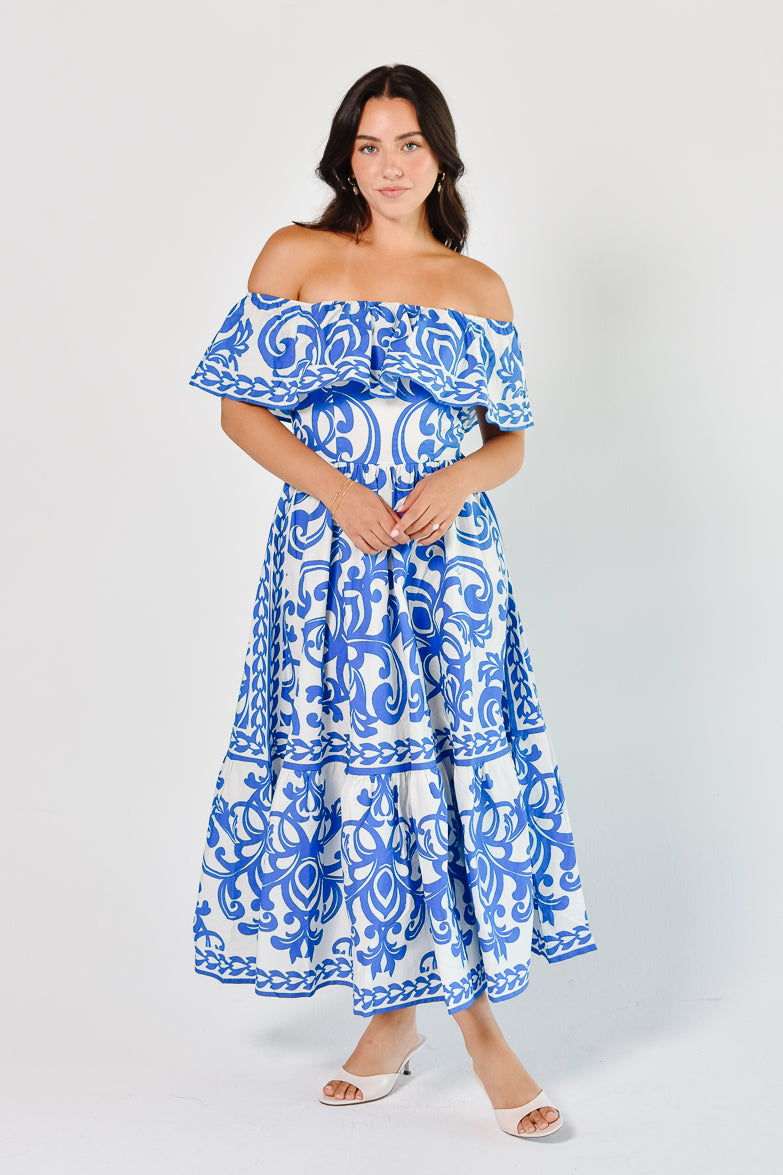 Catania Blue and White Tile Print Midi Dress