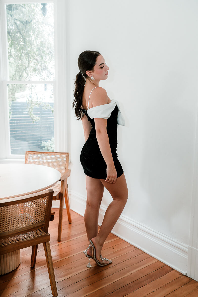 Catherine Bow Off-the-Shoulder Velvet Mini Dress - FINAL SALE