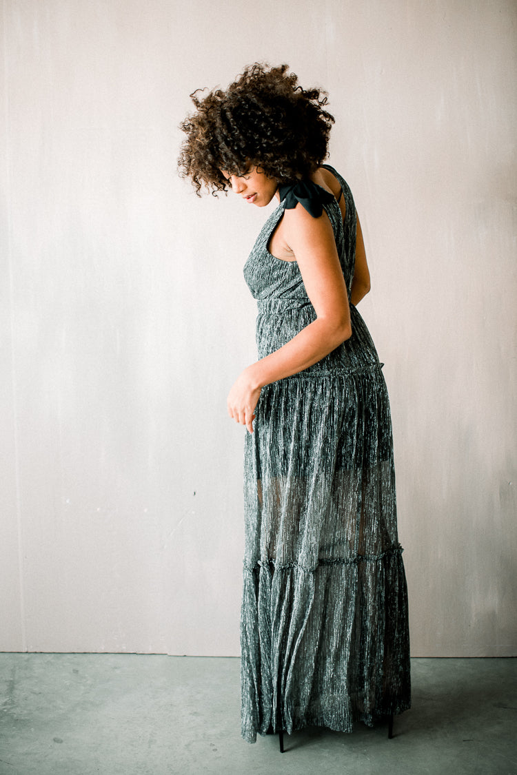 Halle Shoulder Tie Deep V Maxi - Silver