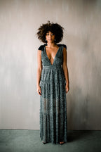 Halle Shoulder Tie Deep V Maxi - Silver