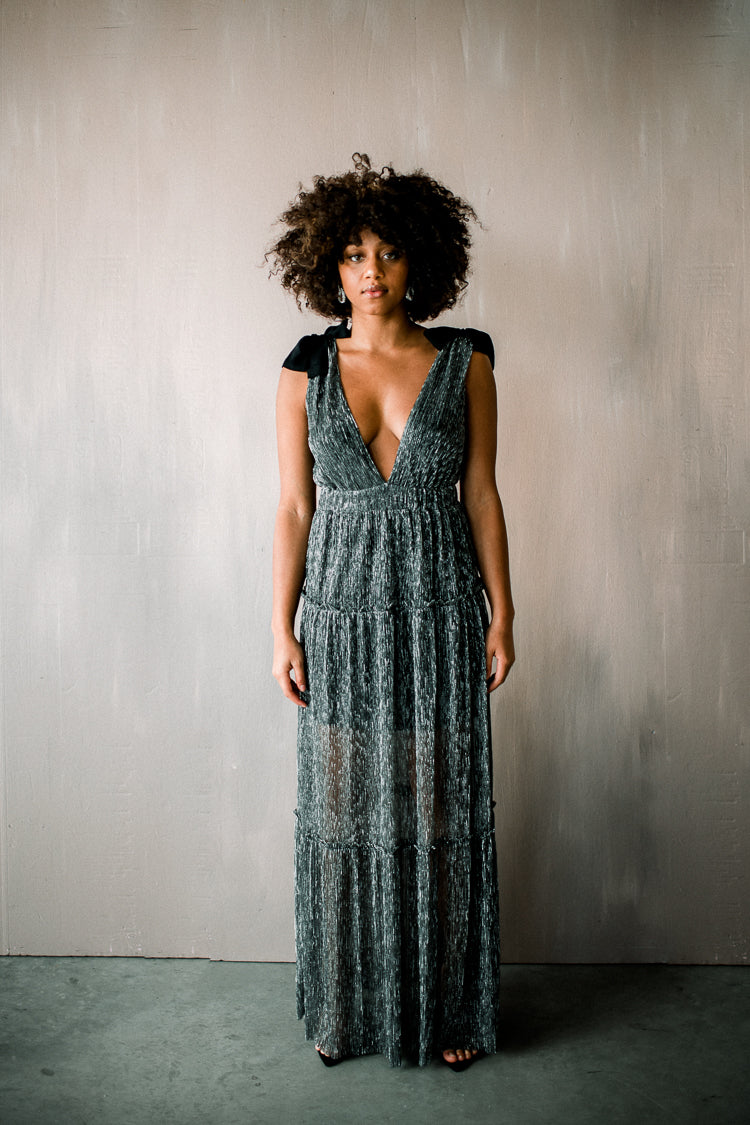 Halle Shoulder Tie Deep V Maxi - Silver