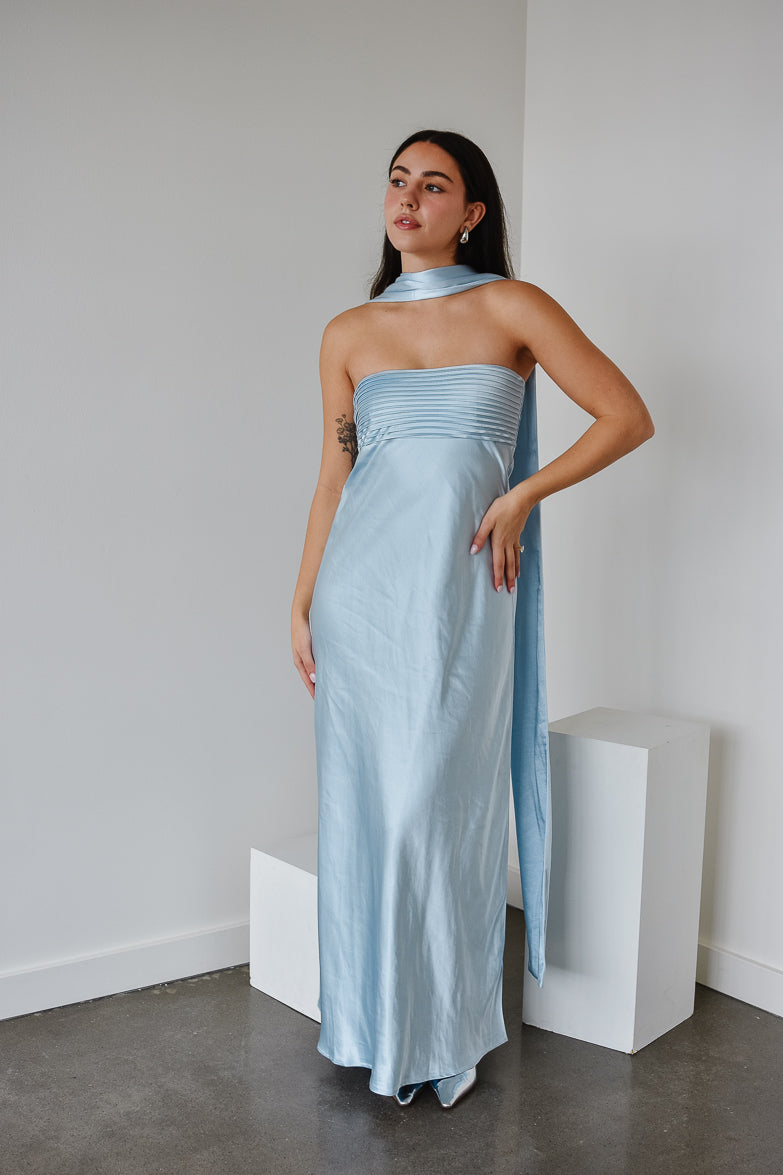 Elsa Ice Blue Maxi Dress with Neck Scarf - FINAL SALE