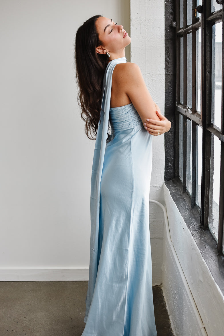 Elsa Ice Blue Maxi Dress with Neck Scarf - FINAL SALE