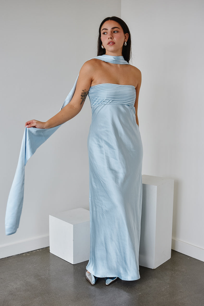 Elsa Ice Blue Maxi Dress with Neck Scarf - FINAL SALE