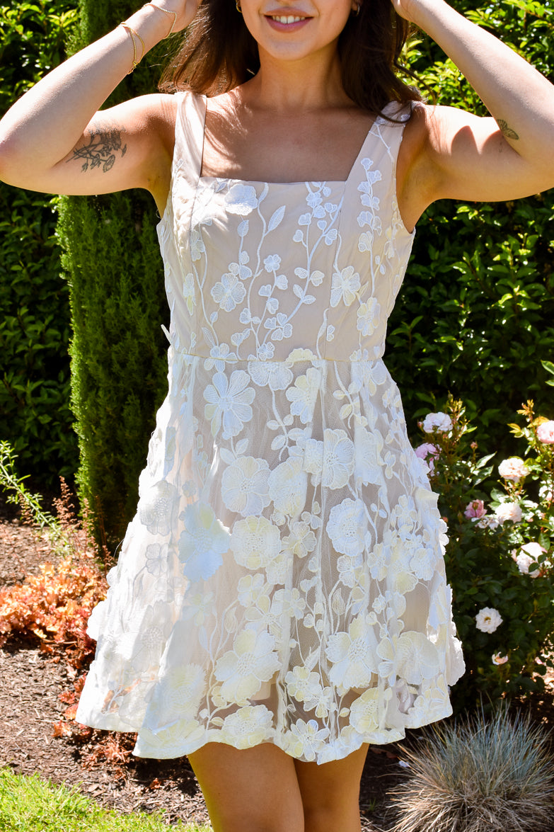 Elsa White Floral Applique Mini Dress