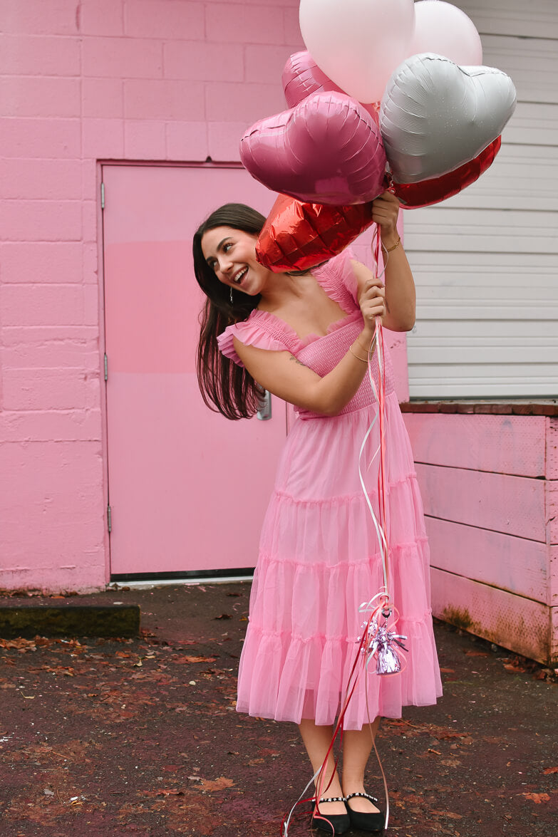 Fiori Short Bright Pink Tulle Tiered Midi Dress
