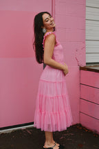 Fiori Short Bright Pink Tulle Tiered Midi Dress
