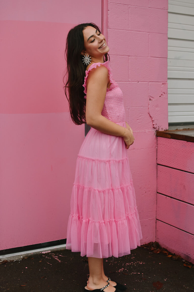 Fiori Short Bright Pink Tulle Tiered Midi Dress