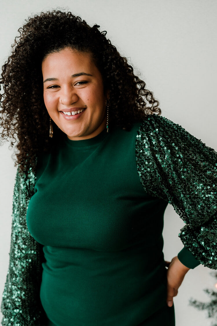 Frankie Green Sequin Sleeve Midi Dress