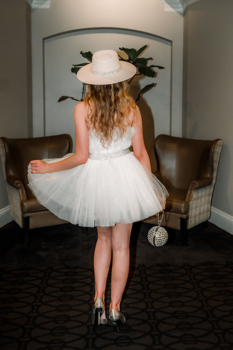 Greyson White Tulle Mini Dress with Rhinestone Belt - FINAL SALE