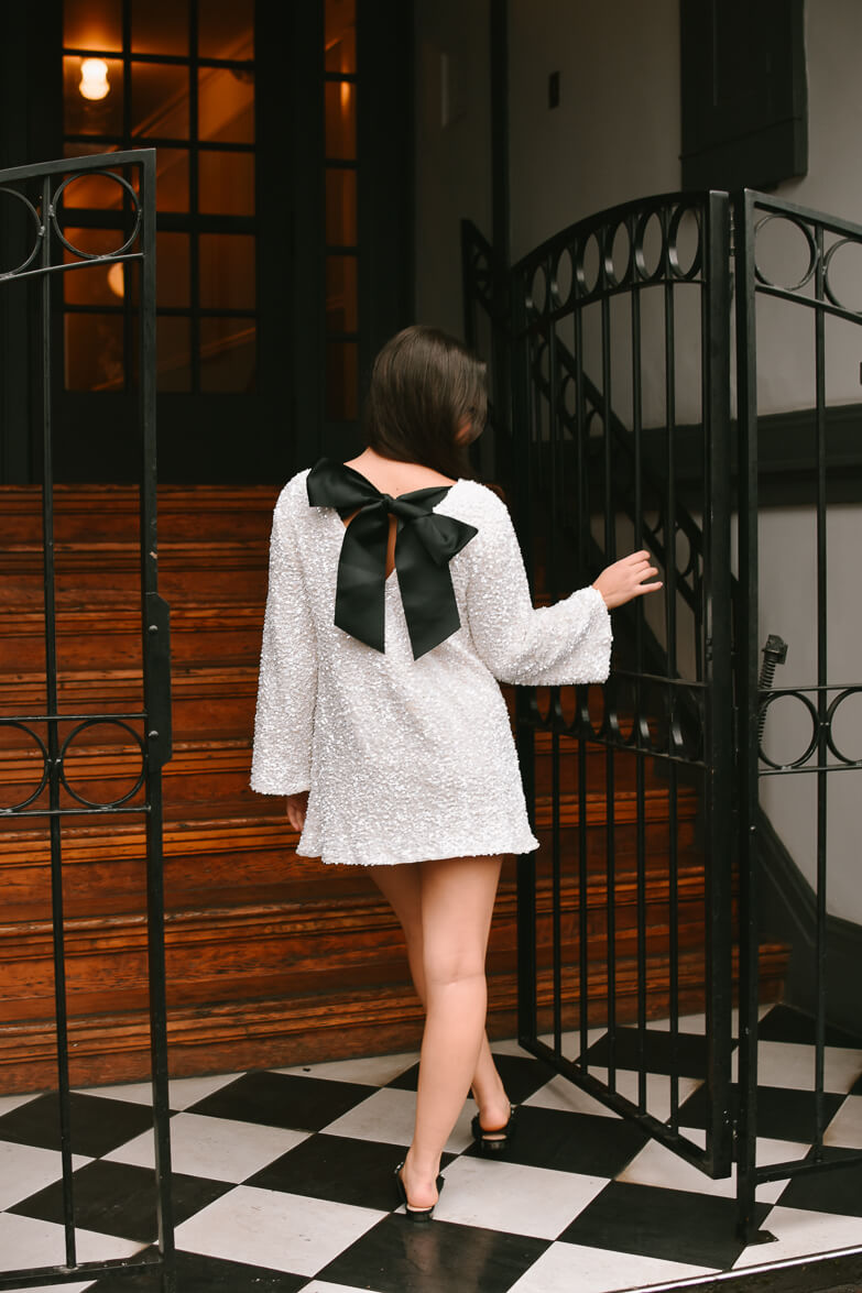 Irina White Sequin Mini Dress with Black Bow