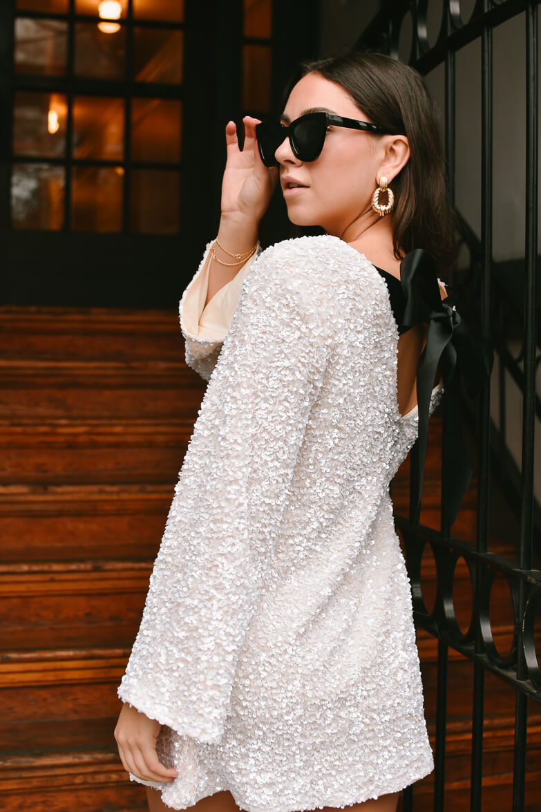 Irina White Sequin Mini Dress with Black Bow