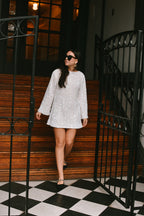 Irina White Sequin Mini Dress with Black Bow
